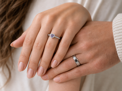 Anillos de promesa Pandora para parejas, modelo Amatista en plateado